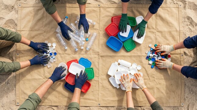 Diverse team of volunteers sorting plastic waste and bottles for recycling on beach sand.