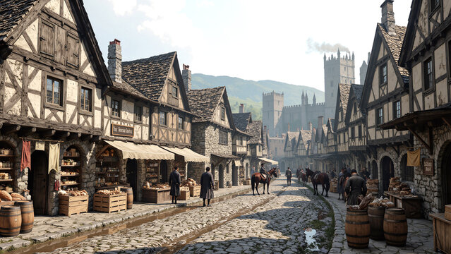 Medieval Market Street Scene With Horses and Old Architecture