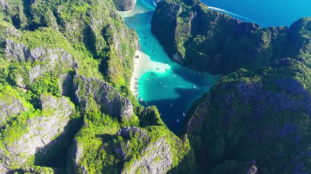 Boats in Pi Leh lagoon in Koh Phi Phi Leh. Aerial view