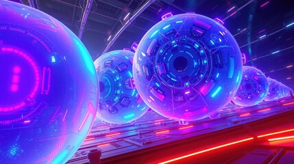 Fototapeta premium Futuristic spheres travel down glowing corridor. Neon lights illuminate complex mechanical details. Dark background emphasizes vibrant colors.