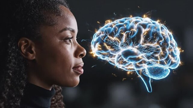 Focused woman gazing at a glowing brain representing neural activity and cognitive function on a dark background.