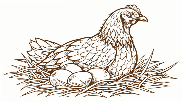 Vector illustration hand drawn illustration of a hen sitting on a nest with eggs