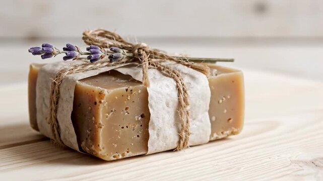 Handmade natural soap bar with lavender on a wooden table. Organic eco-friendly skincare product
