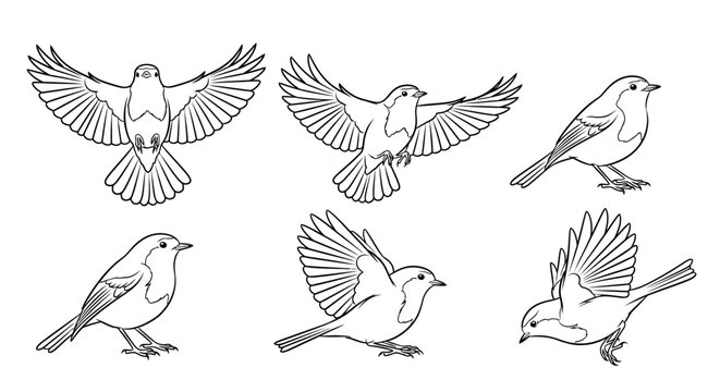 Set of hand-drawn robin birds in different flight and perched poses