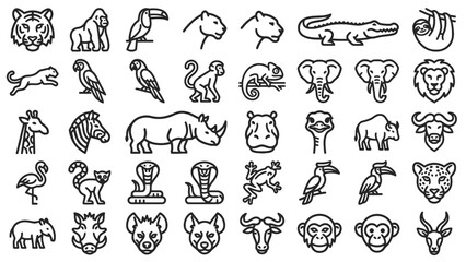 Obraz premium Jungle and safari animal line icons, set of 40 wild wildlife vector symbols, minimalist exotic zoo fauna illustrations for educational design