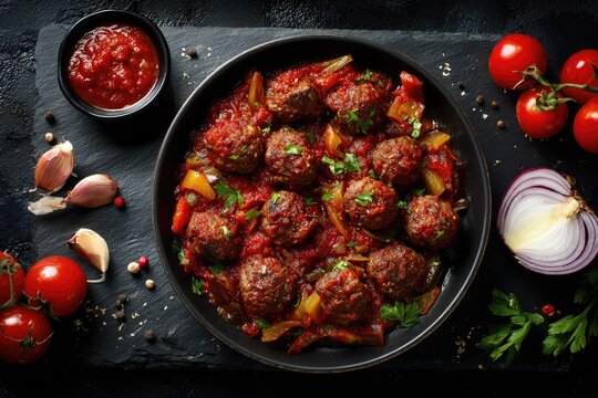 Hearty meatballs simmer in rich tomato sauce with fresh vegetables