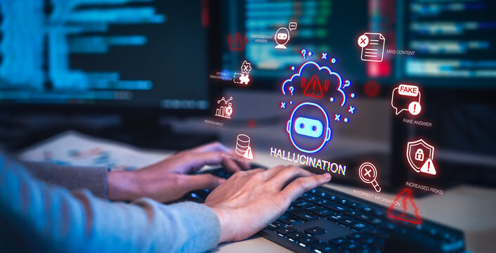 Hallucinate of artificial intelligence shows error and incorrect or misleading information with fake data on a digital screen caused by an inaccurate glitch in the algorithm.