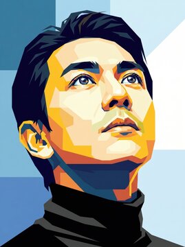 This modern vector pop art illustration features a high contrast low angle close up portrait of a young man with sharp jawline and reflective eyes

