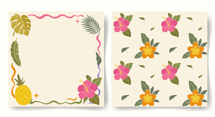 Tropical frame and seamless pattern. Exotic summer party template, card, cover. Pineapple, flowers and leaves © Hanna ArtLab