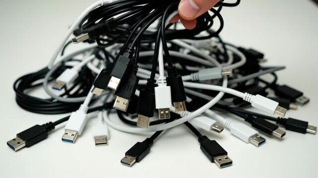 Hand dropping a tangled pile of USB cables onto a white surface. Electronic waste and technology clutter concept