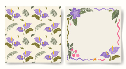 Tropical frame and seamless pattern with purple flowers and leaves. Exotic summer party template, card, cover. © Hanna ArtLab