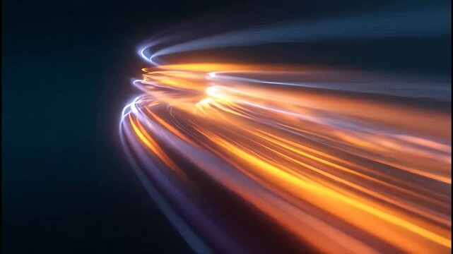 Swirling light trails in a dark abstract environment create a dynamic, energetic feel