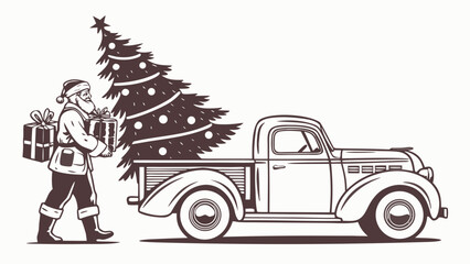 Naklejka premium Vintage santa claus loading christmas tree and gifts into classic pickup truck for holiday delivery