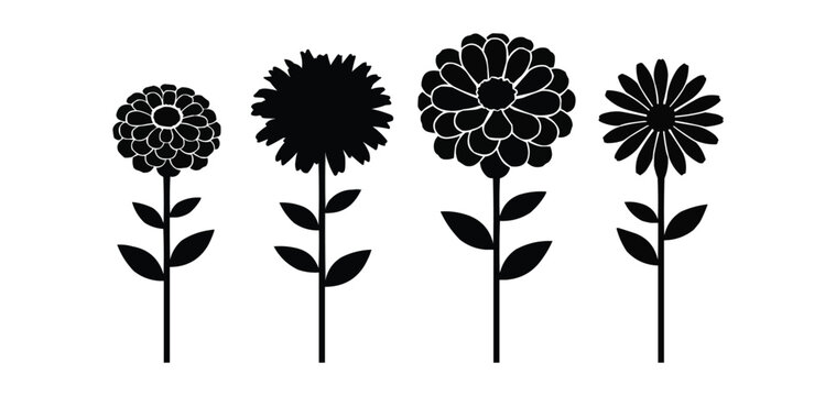 Flower Silhouettes Set, Various Floral Designs including Zinnia, Daisy, and Aster, Botanical Garden and Nature Concept Vector Illustration