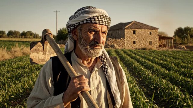 An elderly farmer in traditional attire stands proudly in his fertile green field, holding a hoe, at sunset.