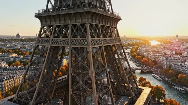 Eiffel Tower's upper section against a Paris skyline backdrop during sunset with a radiant glow