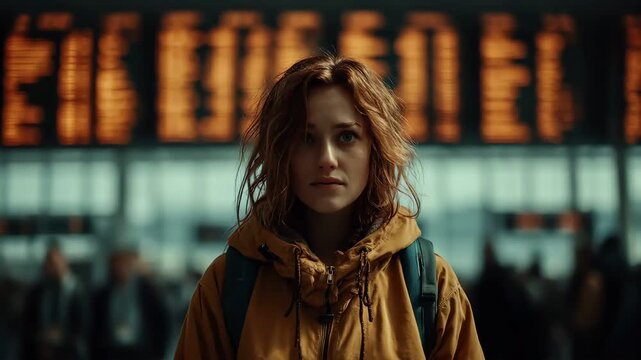 Redhead woman in orange jacket looking at airport board, cinematic