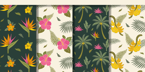 Tropical jungle seamless patterns. Backgrounds with exotic flowers, foliage, palm trees. Summertime hawaiian prints. © Hanna ArtLab
