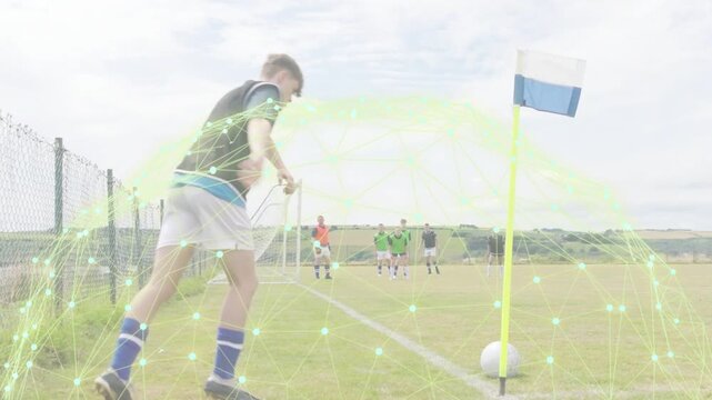 Soccer corner-kick taker taking run and kicking ball into box green overlay guiding flight to score