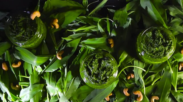 Healthy homemade wild garlic pesto in glass jars rotating on a bed of fresh ramson leaves and cashew nuts, showcasing a delicious vegan sauce and seasonal green vegetable ingredient