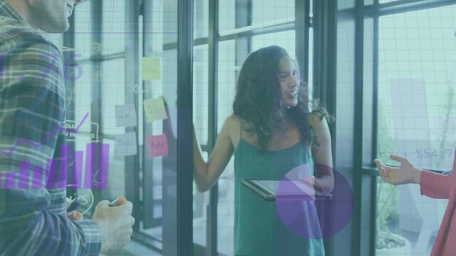 Center woman touching glass, using tablet, data charts appearing as team agreeing on business plan