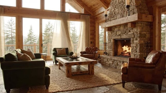 Cozy rustic mountain living room with stone fireplace, wooden beam ceiling, large window views of pine trees, cabin warm light, sofa and armchair, coffee table, comfortable seating creating inviting