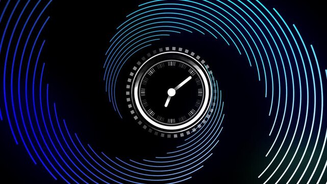 Clock hands appearing on dial initiating spiral arcs rotating, inner blocks cycling, showing time