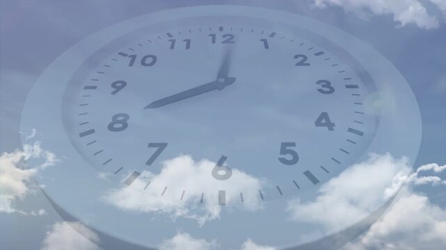 Opening sky causing clock fading and returning blurred, hands moving, moon rising, showing time
