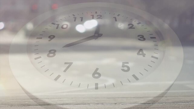 Flare appearing, translucent clock hands rotating clockwise, showing time passing over calm sea