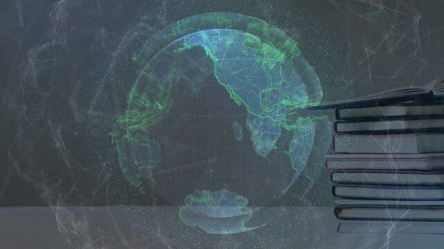 3D globe rotating nodes pulsing books entering right stacking and hiding side forming layered view