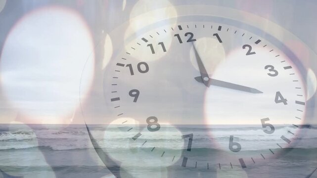 Horizon opening starting ghost analog clock rotating hands clockwise, bokeh and waves showing time