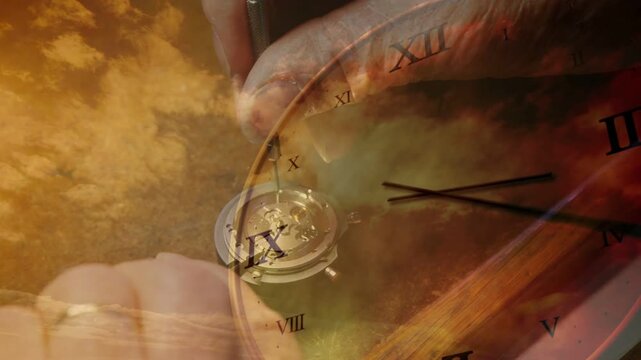 Screwdriver contacting screw hands repairing watch movement while clock face and clouds floating