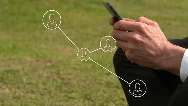 Man tapping phone and activating network morphing from circles to avatar nodes for business tech