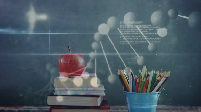 Helix rotating, revealing stacked books topped by red apple, blue cup sliding, visualizing science