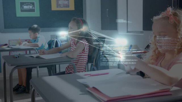 Right student flipping book sparking glowing nodes linking desks, book fading showing school links