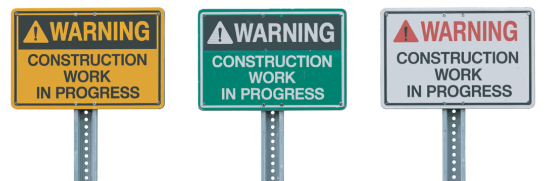 Construction Warning Signs Set, Work in Progress Icons, Under Construction Safety Symbols, Road and Industrial Hazard Vector Illustration