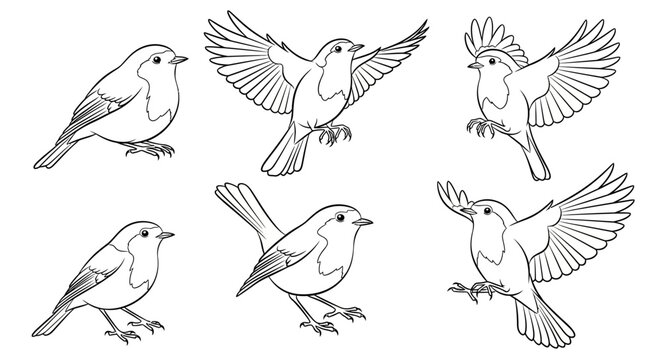 Set of Hand-Drawn Robin Birds in Various Poses, Artistic Illustration