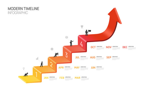Business step timeline infographic arrow growth template. Modern milestone element timeline diagram calendar and 4 quarter steps to success, vector infographics.