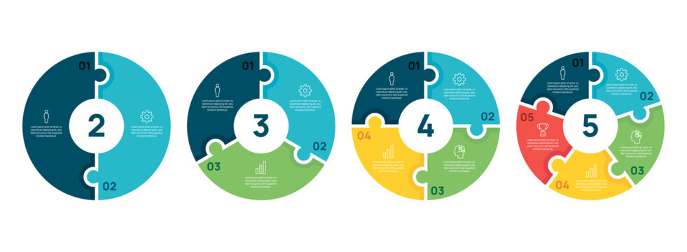 Infographic circle arrows diagram set. Circular arrows chart template 2-5 steps options. cycle diagram for business presentation, vector illustration.