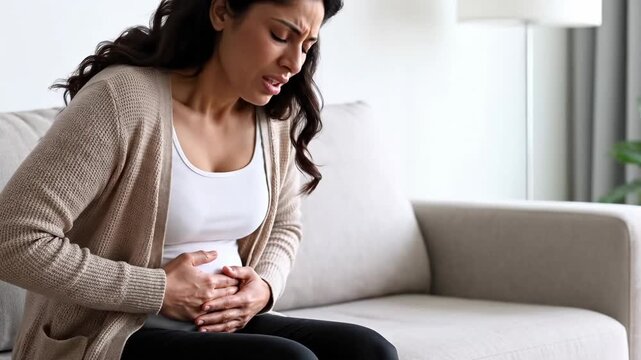 Pregnant woman experiencing stomach pain while sitting on a sofa. Expectant mother with abdominal discomfort or contractions. Pregnancy health complications
