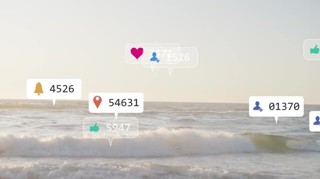 Social badges emerging from right horizon spreading left across waves showing engagement growth