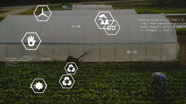 Farmer bending over rows, hand icon appearing, HUD icons updating agriculture data, tracking yield