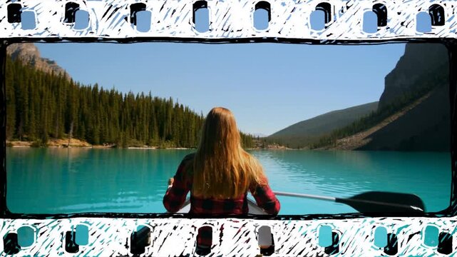 Woman lifting paddle and paddling canoe on turquoise lake for travel, filmstrip border framing