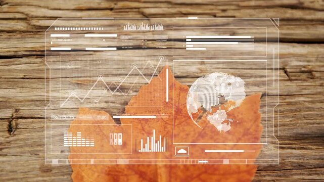 Orange leaf rising from bottom-center on wood, merging into tech HUD, charts updating for live data