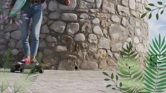 Skateboard rolling, woman riding holding surfboard stepping off, seeking ocean, leaf overlay travel