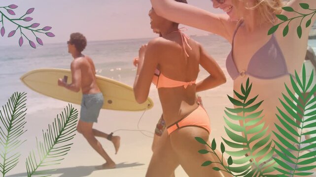 Five people running after spotting breakers to surf yellow board leading leaf overlay framing them