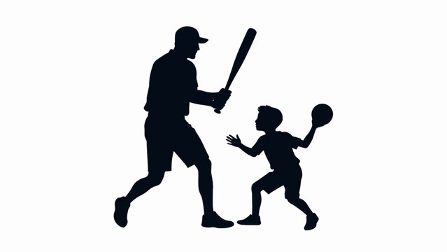Father's day Baseball father and son silhouette, dad teaching boy to play ball vector, family sports activity icon, parent and child playing baseball