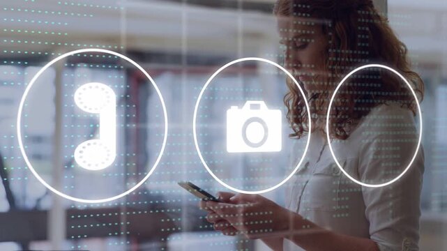 Business woman tapping smartphone, causing glowing app icons sliding across torso, showcasing apps