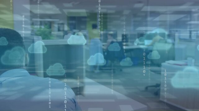 Man checking tablet rising walking sharing report in tech office, cloud binary streaming around him