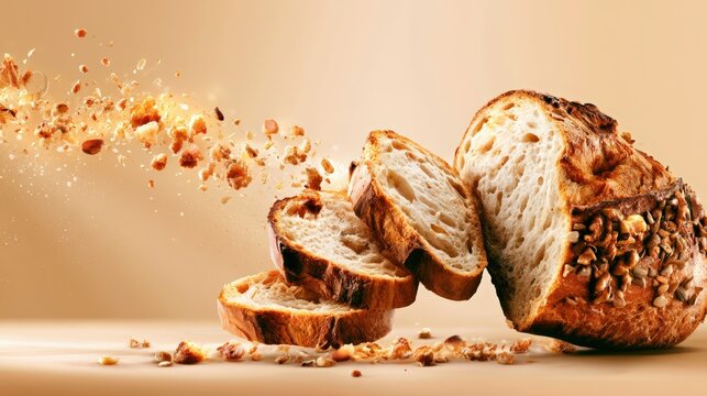 Freshly baked artisan bread loaf with slices falling apart, surrounded by scattered crumbs on a smooth surface, warm beige background enhancing the texture and details
